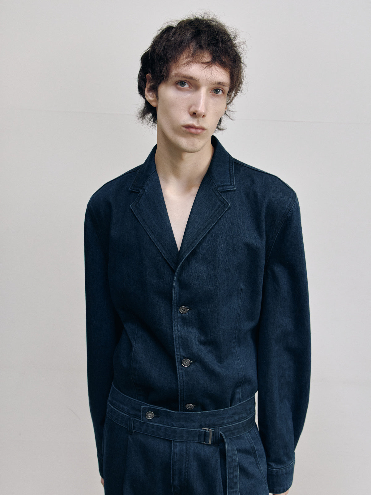 HOURGLASS DENIM TAILORED JACKET — TEAL BLUE — men half