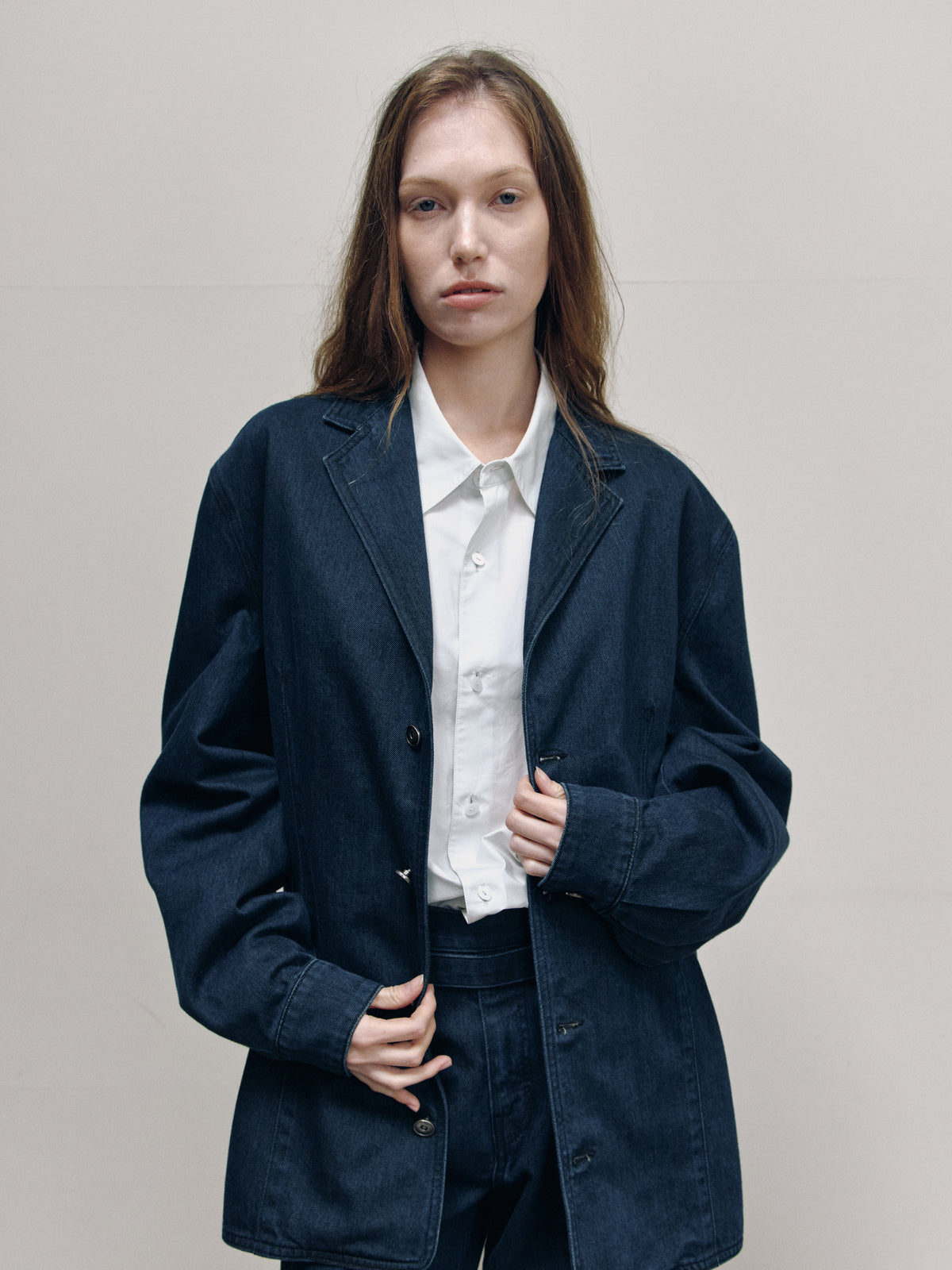 HOURGLASS DENIM TAILORED JACKET — TEAL BLUE — women half