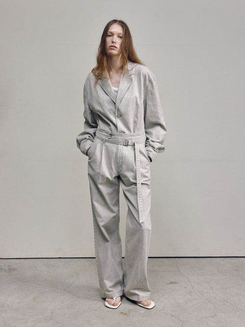 BELT STRAIGHT DENIM TROUSERS — ASH BEIGE — WOMEN FULL FRONT
