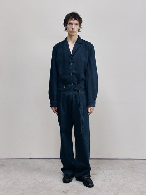 BELT STRAIGHT DENIM TROUSERS — TEAL BLUE — MEN FULL FRONT