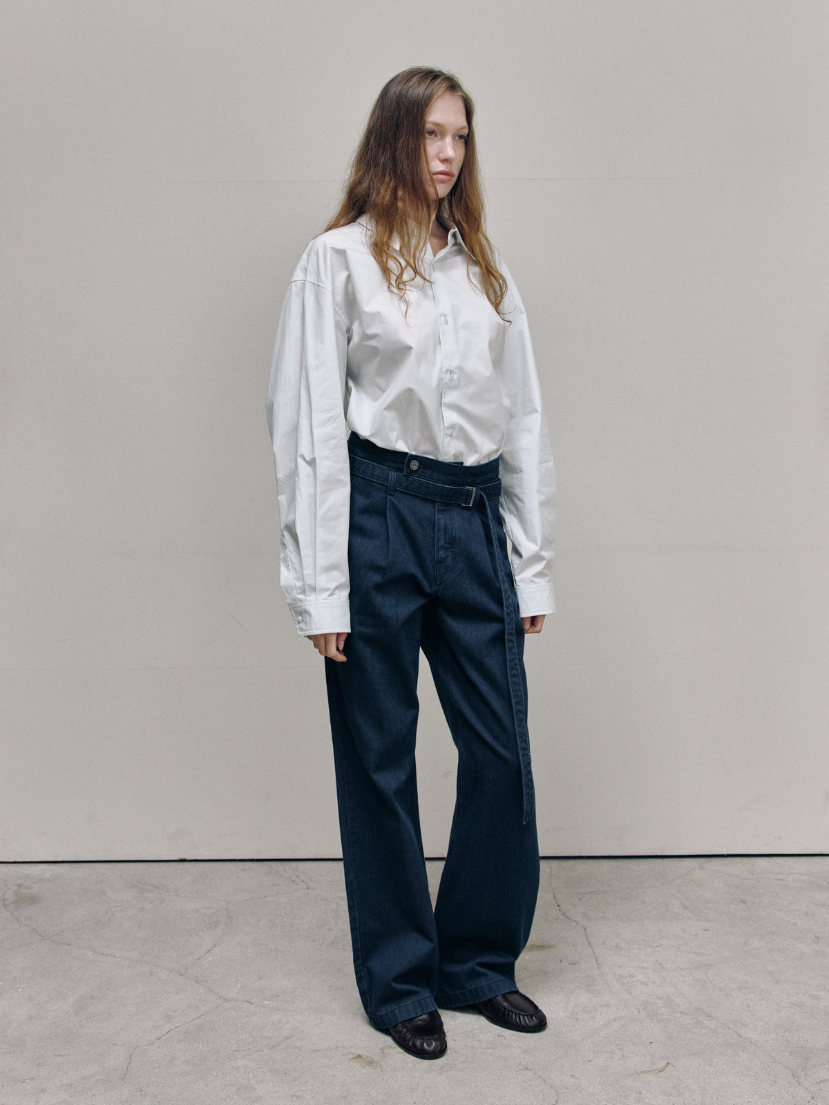 BELT STRAIGHT DENIM TROUSERS — TEAL BLUE — WOMEN 45 DEGREE