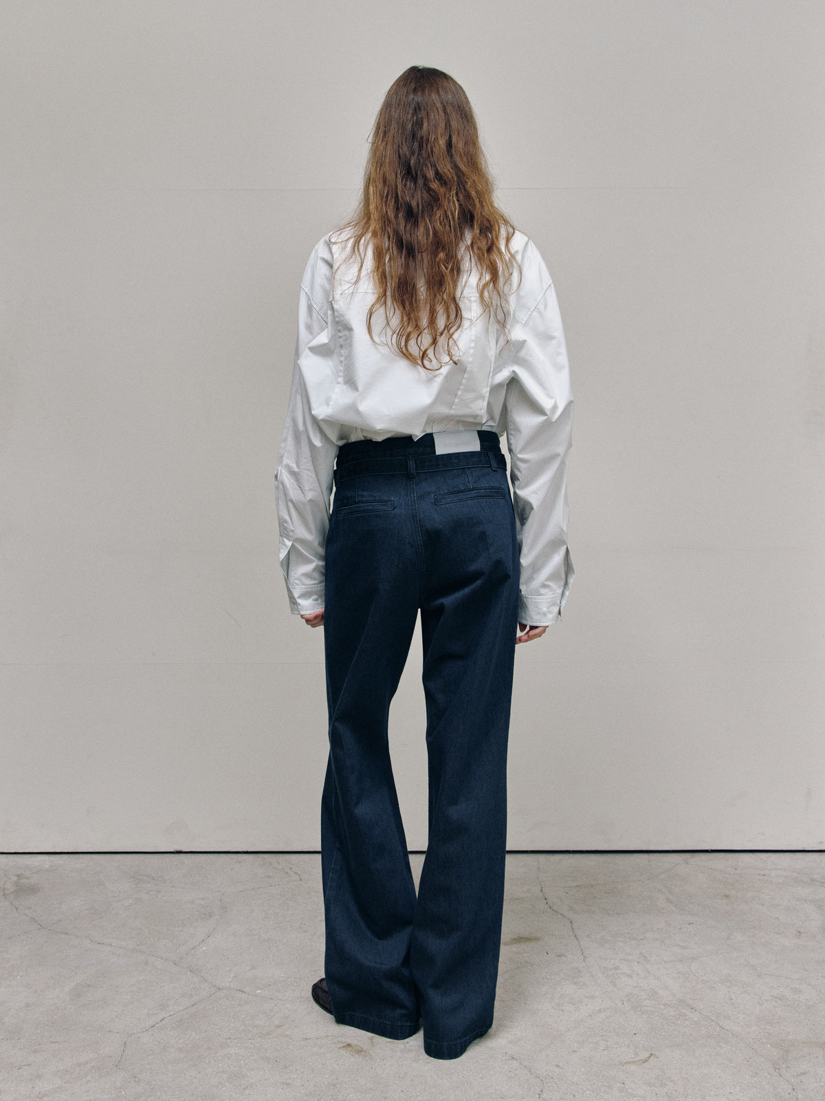 BELT STRAIGHT DENIM TROUSERS — TEAL BLUE — WOMEN FULL BACK
