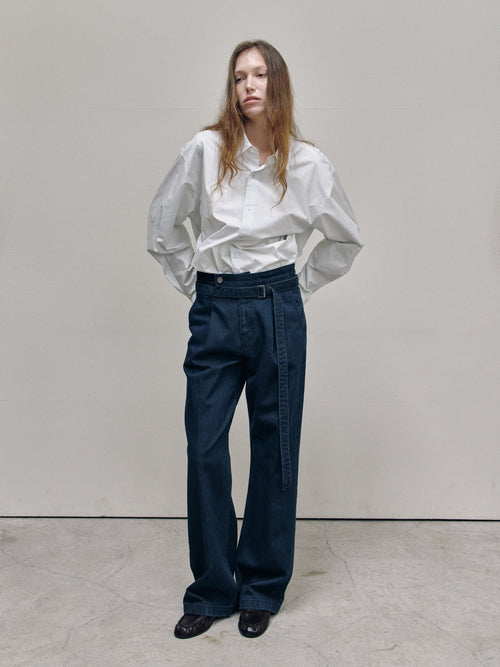 BELT STRAIGHT DENIM TROUSERS — TEAL BLUE — WOMEN FULL FRONT