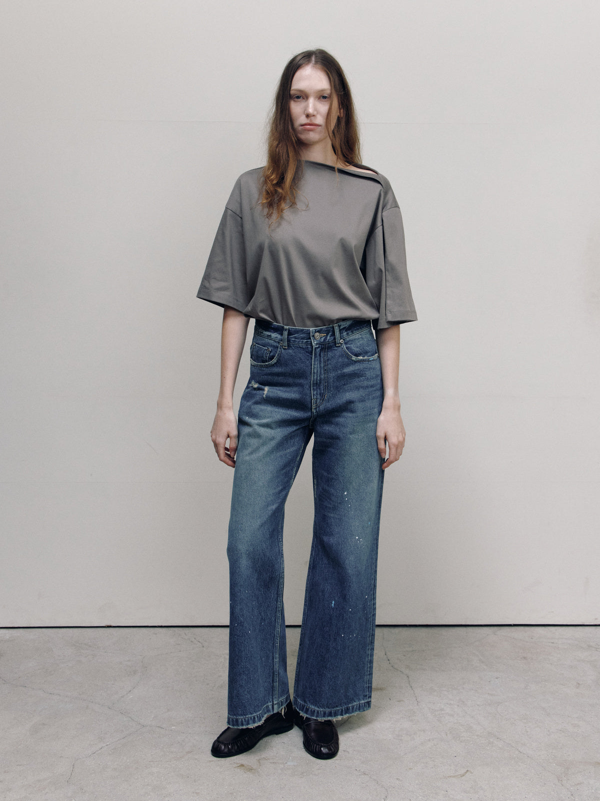 SEMI FLARE DENIM PANTS — TEAL BLUE — WOMEN FULL FRONT