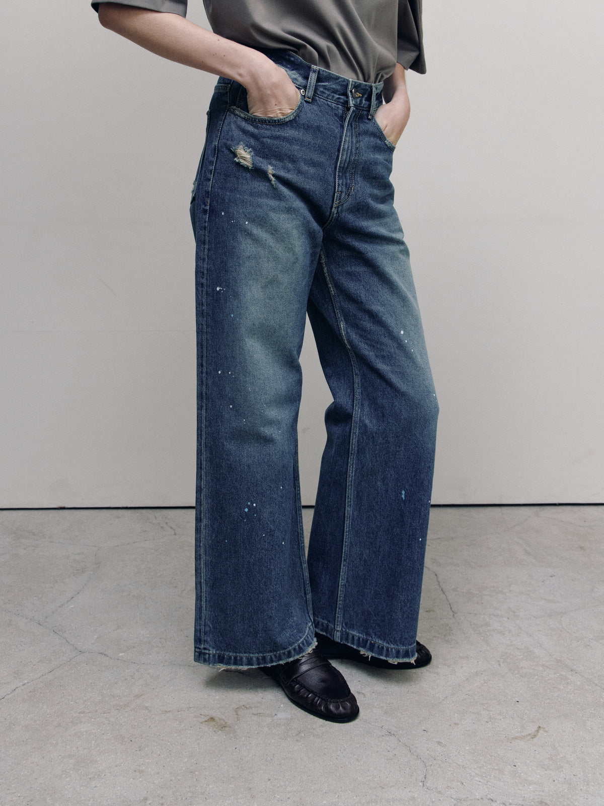 SEMI FLARE DENIM PANTS — TEAL BLUE — WOMEN HALF BODY