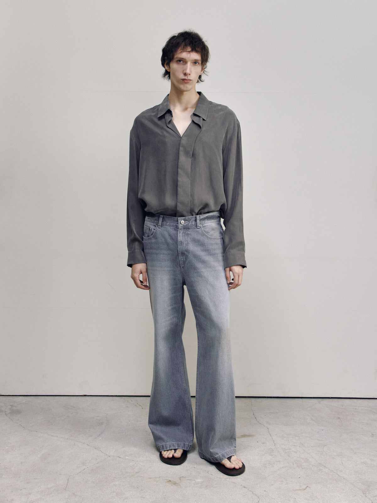 SEMI FLARE DENIM PANTS — DIRTY GREY — MEN FULL FRONT