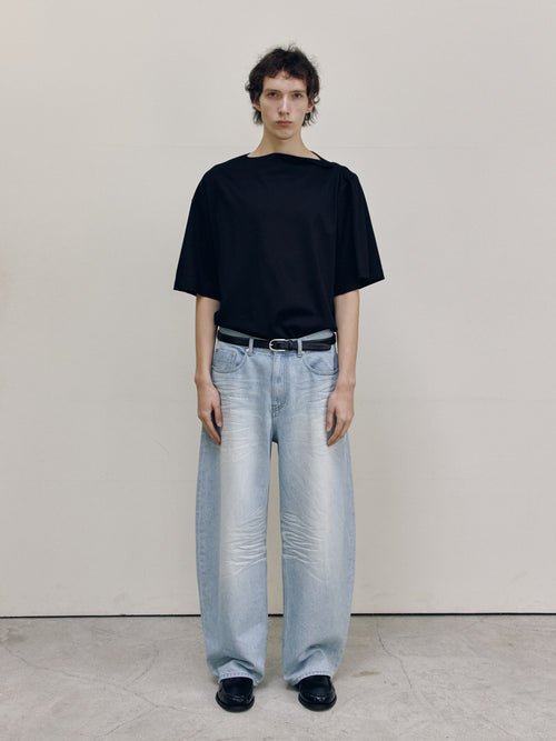 CURVED BARREL DENIM PANTS — ASH LIGHT BLUE — MEN FULL FRONT
